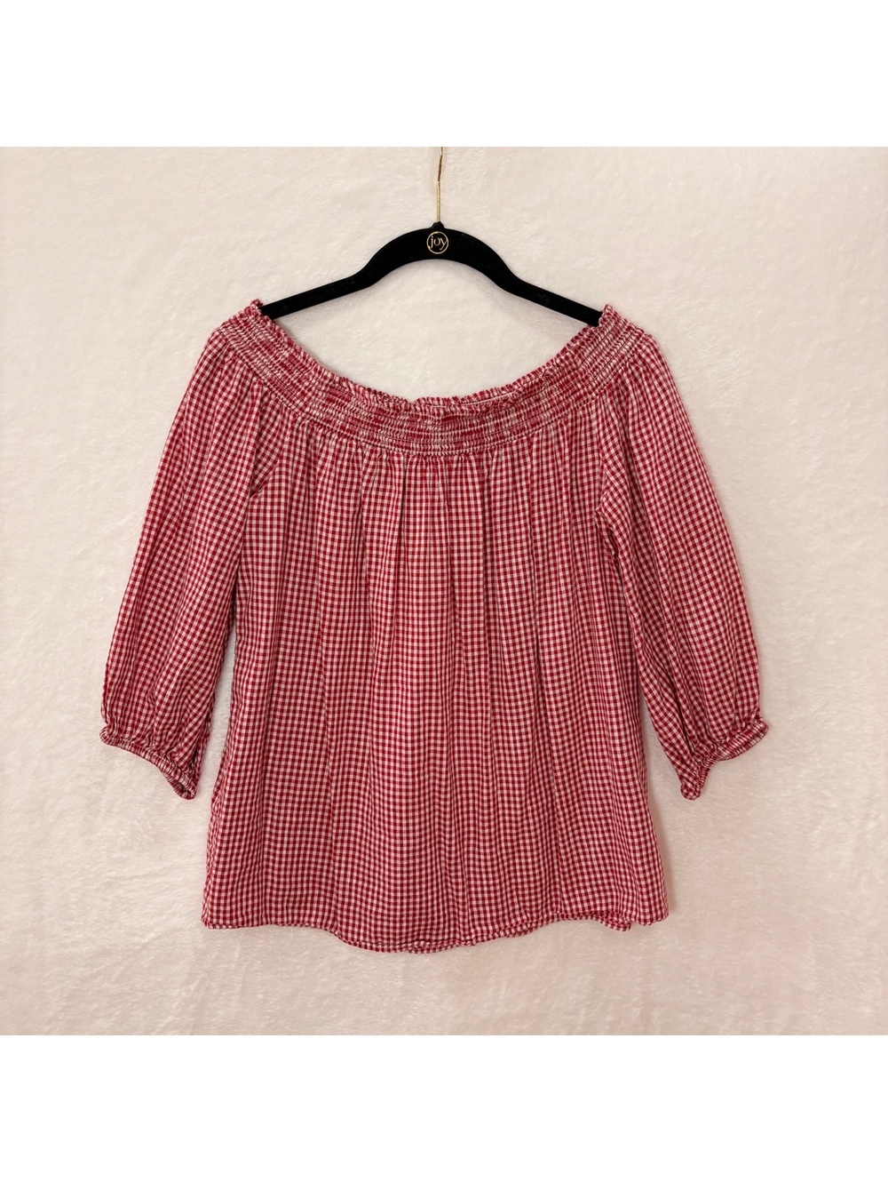Old Navy Red White Gingham Off Shoulder Peasant Blouse Top Size Small Cotton